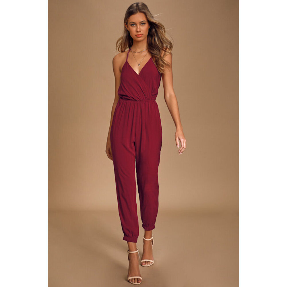 Lulus Learning To Fly Burgundy Halter Jumpsuit Red - Size L